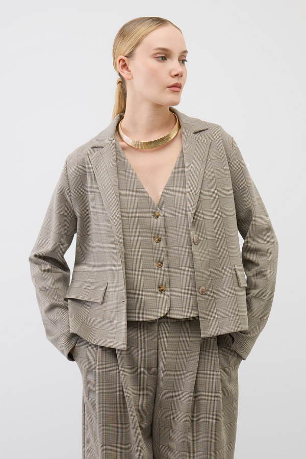 картинка жакет кремовый, клетка глен от магазина Одежда+